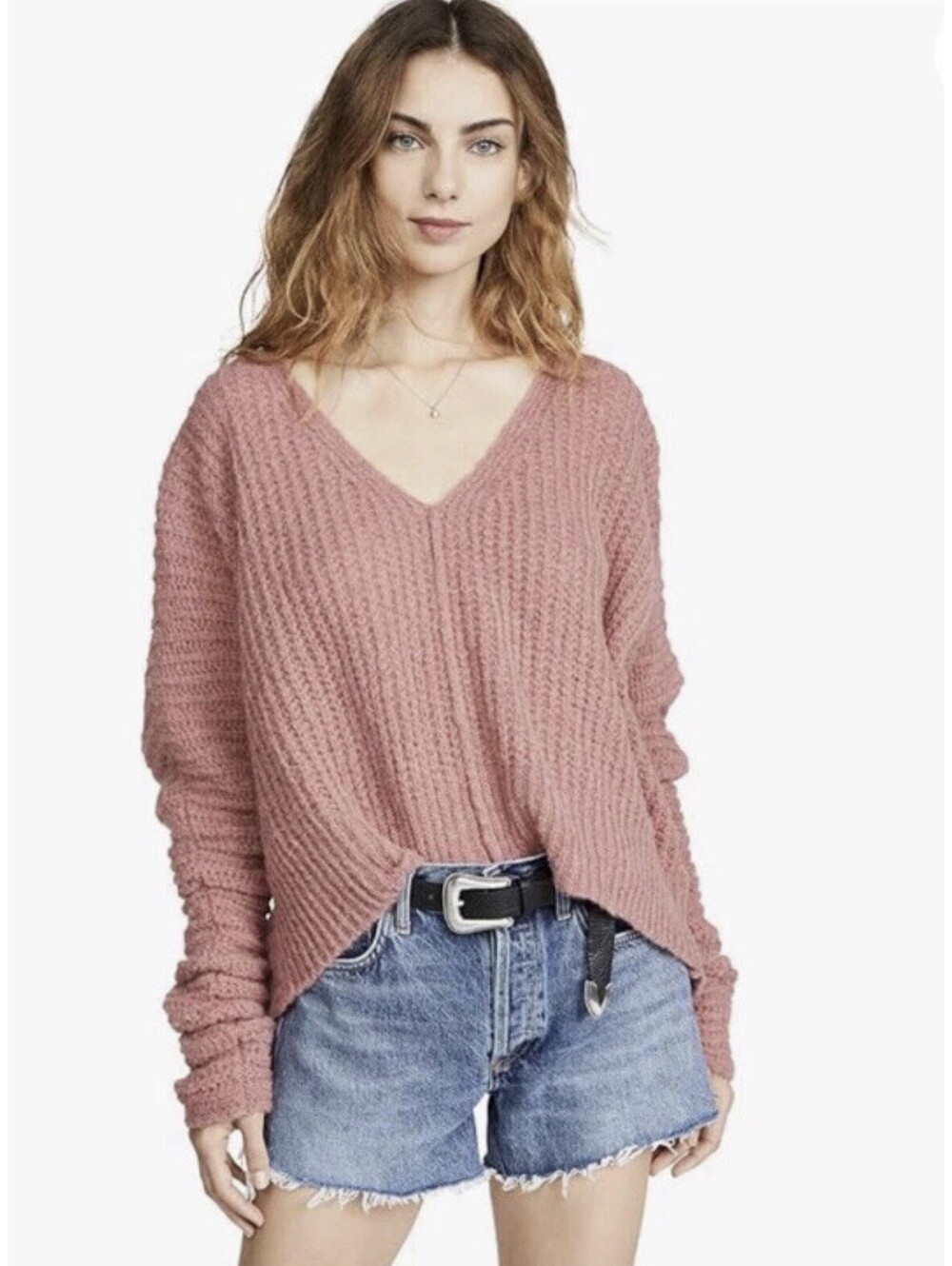 Free People Moonbeam Pink Alpaca Blend V-Neck Ribbed Knit Sweater Women's XS